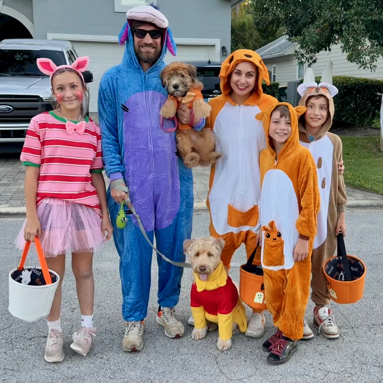 The Ricci family dressed as Winnie the Pooh characters, including their Wheaten Terriers Hercules and Bunny